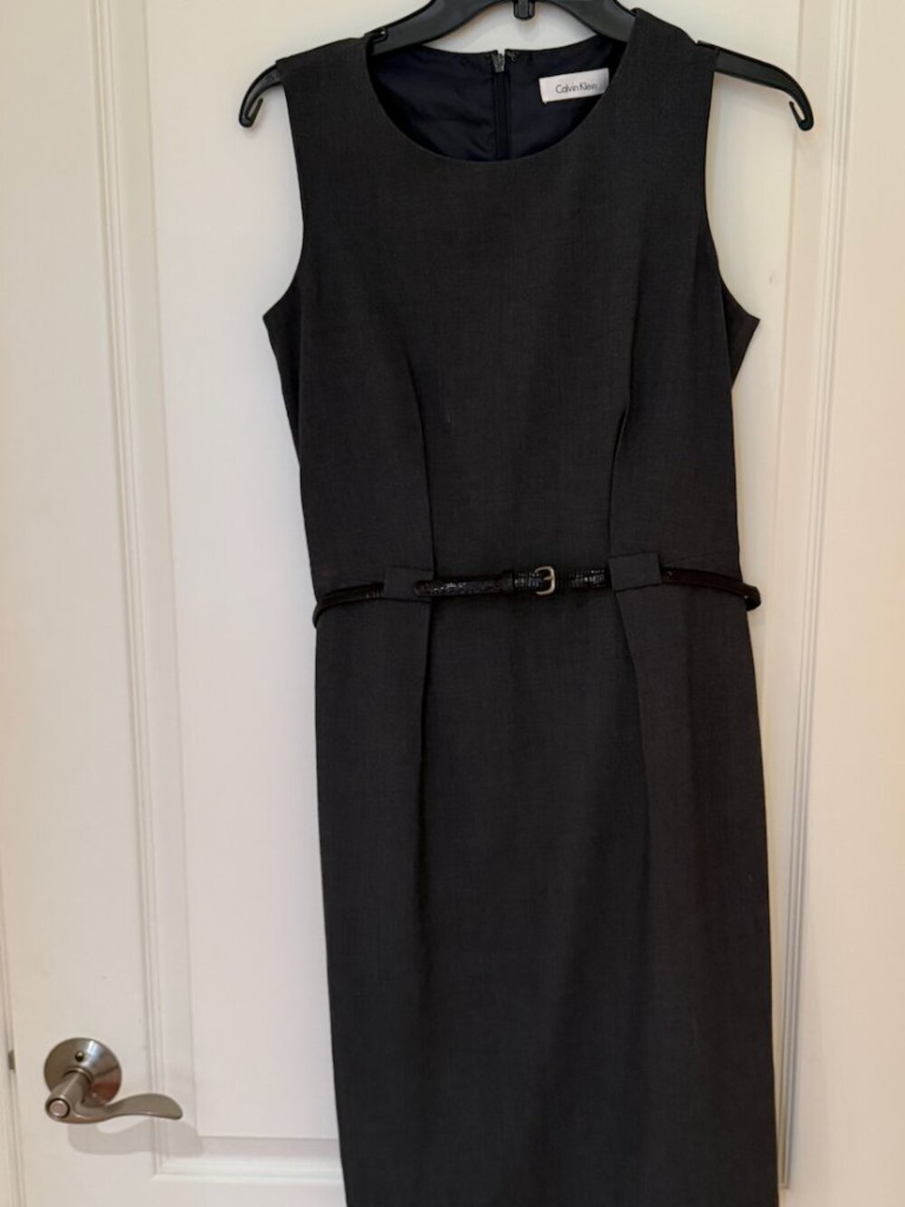 Calvin Klein Charcoal Gray Sleeveless Belted Sheath Dress